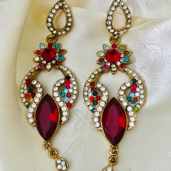 Red Multi-Coloured Stones Fancy Party Wear Long Earrings - Fashion Jewelry - Picture 2 of 4